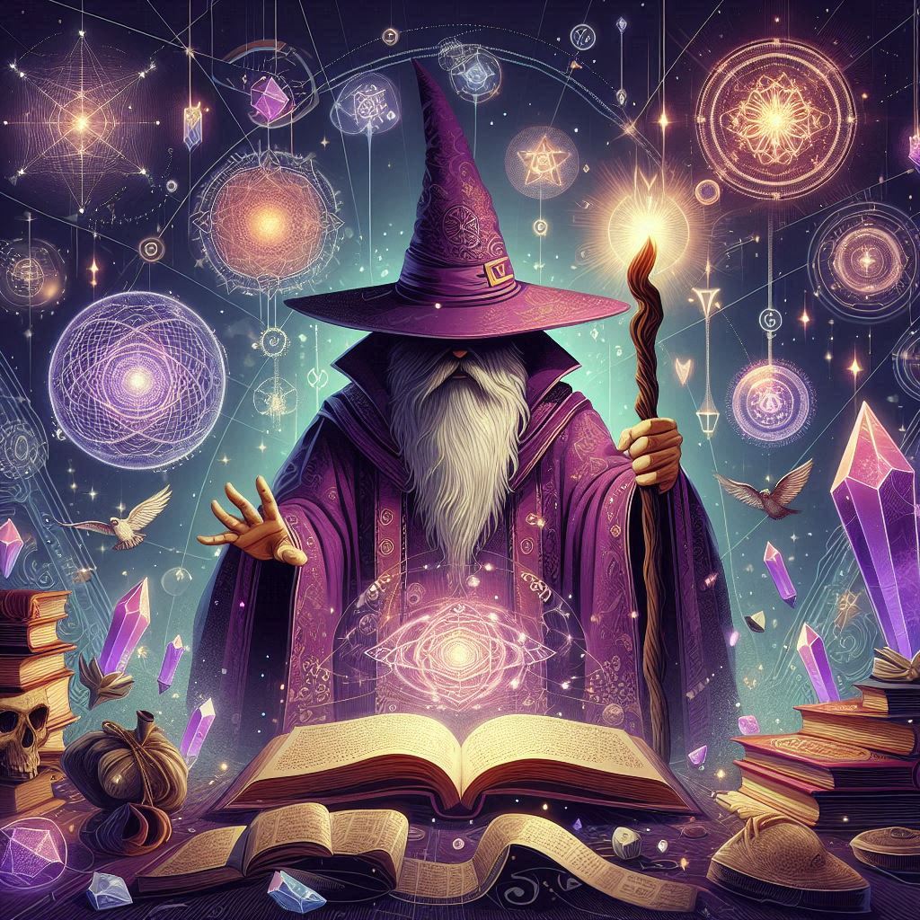 A wizard and his spell book.